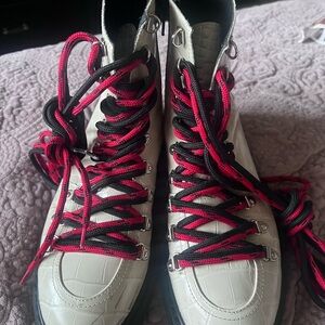 Polly plume lace up made in Italy Women Boots in White with Red and Black Laces